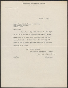 M. H. Douglass typed note signed to Sacco-Vanzetti Defense Committee, Eugene, Or., April 4, 1927