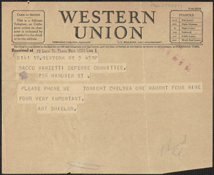 Art Shields telegram to Sacco-Vanzetti Defense Committee, New York, N.Y., April 5, [1927?]
