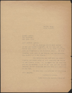 Sacco-Vanzetti Defense Committee typed letter (copy) to Esther Lowell (The Federated Press), Boston, Mass., April 6, 1927