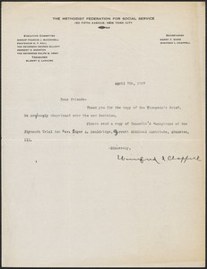 Winifred L. Chappell (The Methodist Federation for Social Service) typed note signed to Sacco-Vanzetti Defense Committee, New York, N.Y., April 7, 1927
