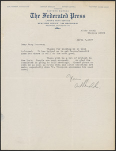 Art Shields (The Federated Press) typed letter signed to Mary Donovan, New York, N.Y., April 7, 1927
