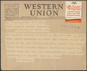 Art Shields telegram to Sacco-Vanzetti Defense Committee, New York, N.Y., April 7, 1927