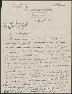 Sam M. Lucia (Sacco e Vanzetti Defense Committee, Rochester) autograph letter signed, in Italian, to Sacco-Vanzetti Defense Committee, Rochester, N.Y., April 9, 1927