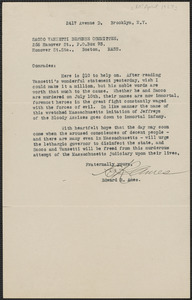 Edward R. Ames typed letter signed to Sacco-Vanzetti Defense Committee, Brooklyn, N.Y., April [10?], 1927