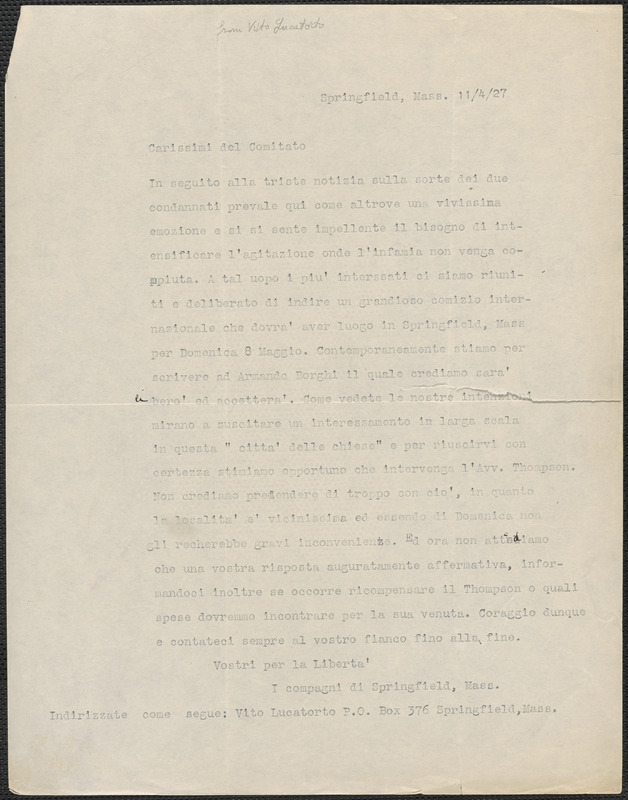 Vito Lucatorto typed letter, in Italian, to Sacco-Vanzetti Defense Committee, Springfield, Mass., April 11, 1927