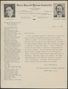 Joseph Moro (Sacco-Vanzetti Defense Committee) typed letter (circular), Boston, Mass., April 11, 1927