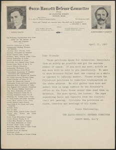 Joseph Moro (Sacco-Vanzetti Defense Committee) typed letter (circular), Boston, Mass., April 11, 1927