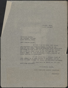 Sacco-Vanzetti Defense Committee typed note (copy) to Jeannette Marks, Boston, Mass., April 11, 1927
