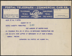 Armando Borghi telegram to Sacco-Vanzetti Defense Committee, Albany, N.Y., April 12, 1927