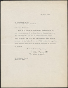 Zoltán Haraszti typed note signed to Sacco-Vanzetti Defense Committee, Cambridge, Mass., April 12, 1927