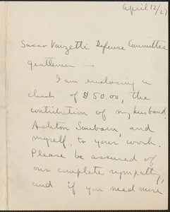 Agnes Goldman Sandborn autograph note signed to Sacco-Vanzetti Defense Committee, Boston, Mass., April 12, 1927