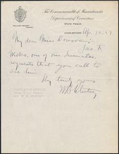W. B. Whitney (The Commonwealth of Massachusetts Department of Correction) autograph note signed to Mary Donovan, Charlestown, Mass., April 12, 1927