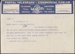 American Civil Liberties Union telegram to Sacco-Vanzetti Defense Committee, New York, N.Y., April 13, 1927