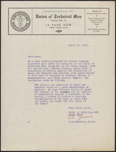 A. Judwin (Union of Technical Men, Local No. 37) typed letter signed to Sacco-Vanzetti Defense Committee, New York, N.Y., April 13, 1927