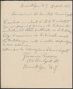 Giovanni Vaccaro autograph note signed, in Italian, to Sacco-Vanzetti Defense Committee, Brooklyn, N.Y., April 13, 1927