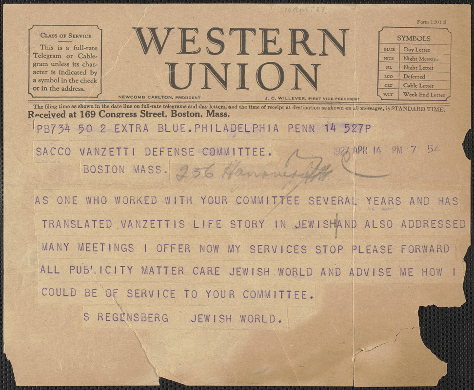 Samuel Regensberg (Jewish World) telegram to Sacco-Vanzetti Defense Committee, Philadelphia, Pa., April 14, 1927