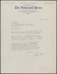 Art Shields (The Federated Press) typed letter signed to Joseph Moro, New York. N.Y., April 14, 1927