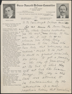 Edward Holton James autograph letter signed to Sacco-Vanzetti Defense Committee, Concord, Mass., April 15, 1927