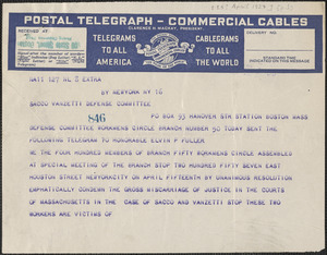 Charles Liebman et al telegram to Sacco-Vanzetti Defense Committee, New York, N.Y., [April 15?, 1927]