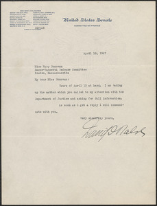 David I. Walsh typed note signed to Mary Donovan, Washington, D.C., April 15, 1927