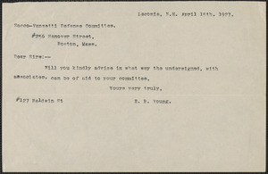 E. B. Young typed note to Sacco-Vanzetti Defense Committee, Laconia, N.H., April 15, 1927