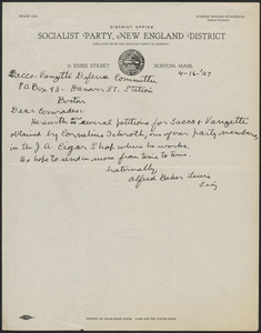 Alfred Baker Lewis (Socialist Party, New England District) autograph note signed to Sacco-Vanzetti Defense Committee, Boston, Mass., April 16, 1927