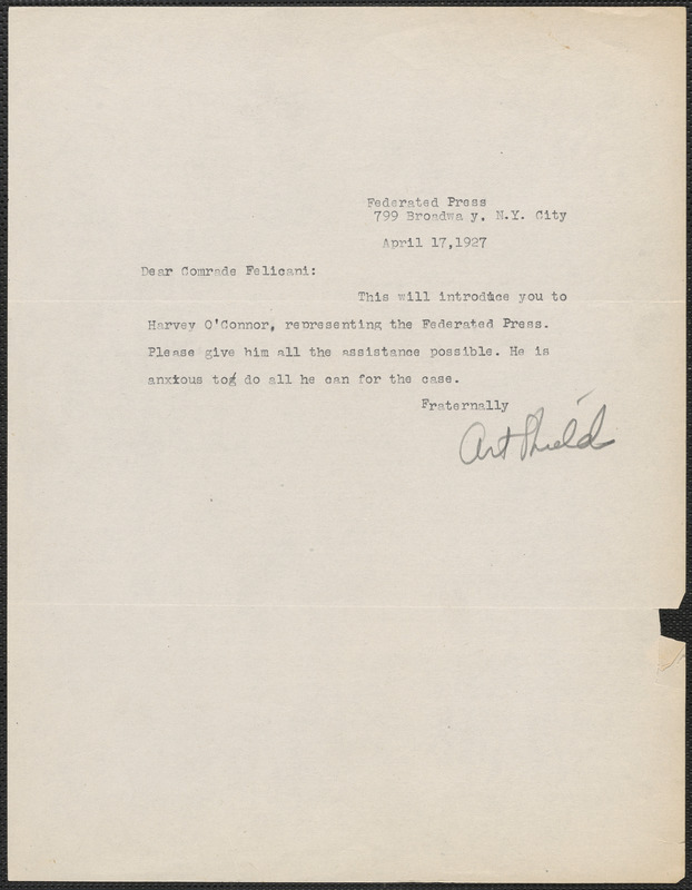 Art Shields (The Federated Press) typed note signed to Aldino Felicani, New York, N.Y., April 17, 1927