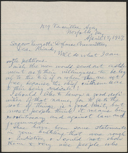 Sarah Root Adams autograph letter signed to Sacco-Vanzetti Defense Committee, Norfolk, Va., April 18, 1927