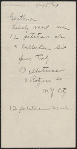 B. [Matuson?] autograph note to Sacco-Vanzetti Defense Committee, New York, New York, April 18, 1927