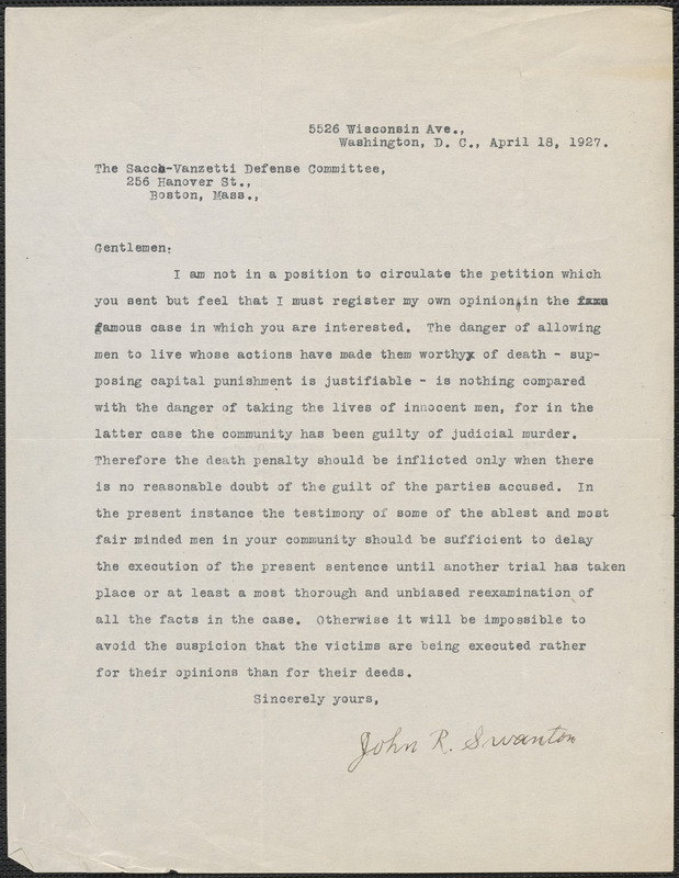 John R. Swanton typed letter signed to Sacco-Vanzetti Defense Committee, Washington, D.C., April 18, 1927