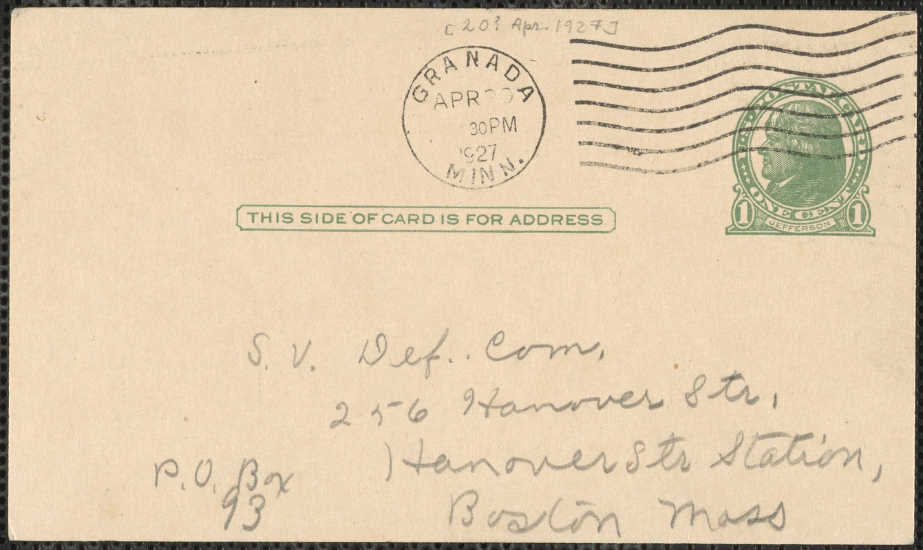 Irene Benton autograph note (postcard) to Sacco-Vanzetti Defense Committee, Granada, Minn., April 20?, 1927