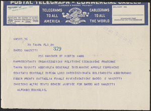 Alfonso Coniglio telegram, in Italian, to Sacco-Vanzetti Defense Committee, Tampa, Fla., April 20, 1927