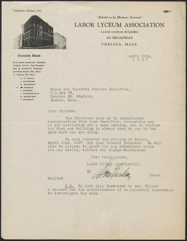 William M. Gordon (Labor Lyceum Association) typed letter signed to Sacco-Vanzetti Defense Committee, Chelsea, Mass., April 20, 1927