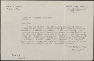 Samuel Eliot Morison typed note signed to Sacco-Vanzetti Defense Committee, Cambridge, Mass., April 20, 1927