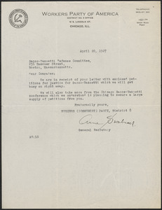 Anna Swa[beck?] (Workers Party of America) typed letter signed to Sacco-Vanzetti Defense Committee, Chicago, Ill., April 20, 1927