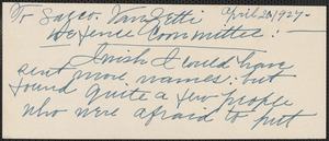 Mrs. George W. Waring autograph note signed to Sacco-Vanzetti Defense Committee, April 20, 1927