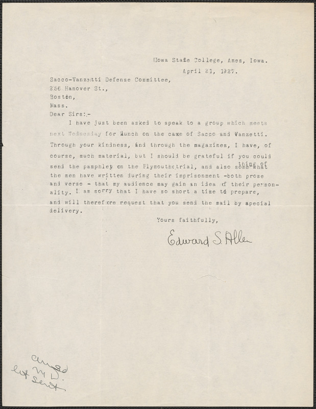 Edward S. Allen typed letter signed to Sacco-Vanzetti Defense Committee ...