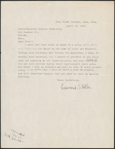 Edward S. Allen typed letter signed to Sacco-Vanzetti Defense Committee, Ames, Iowa, April 21, 1927