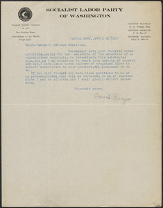 David Burgess (Socialist Labor Party of Washington) typed letter signed to Sacco-Vanzetti Defense Committee, Tacoma, Wash., April 21, 1927