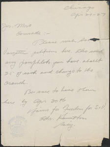 Edward Hamilton autograph note signed to Joseph Moro, Chicago, Ill., April 21, 1927