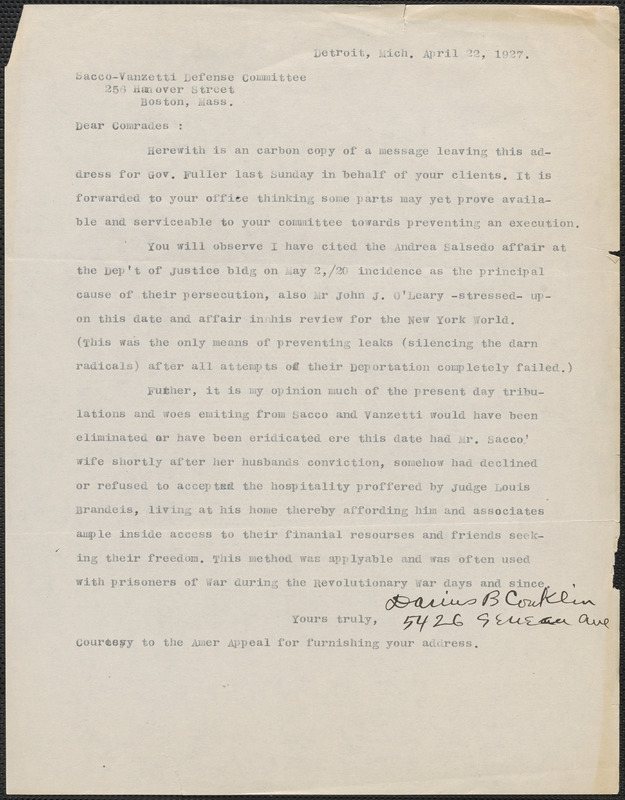 Darius B. Conklin typed letter signed to Sacco-Vanzetti Defense ...