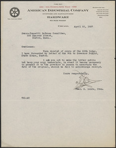 Theodore H. Lunde (American Industrial Company) typed note signed to Sacco-Vanzetti Defense Committee, Chicago, Ill., April 22, 1927