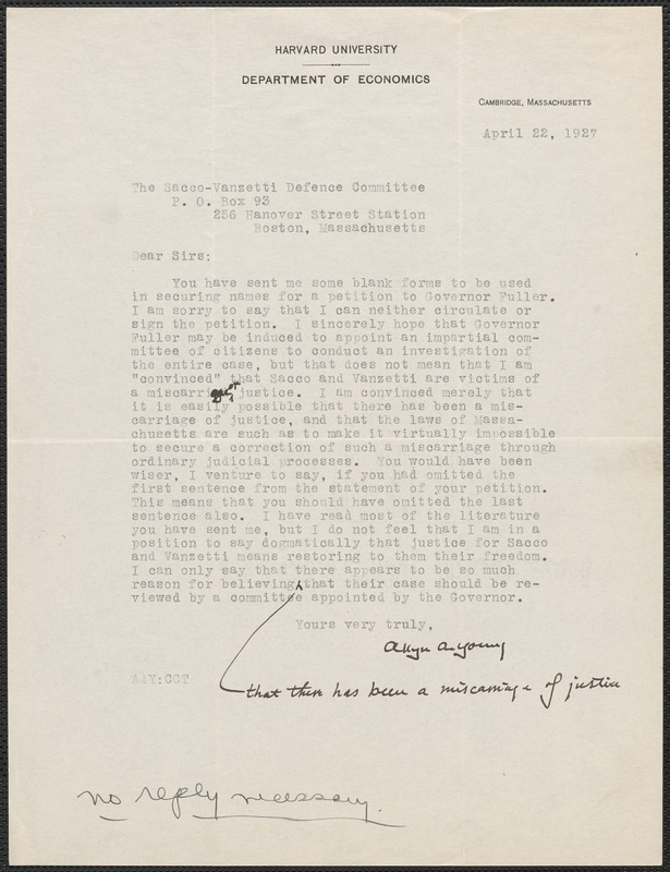 Allyn A. Young (Harvard University, Department of Economics) typed letter signed to Sacco-Vanzetti Defense Committee, Cambridge, Mass., April 22, 1927