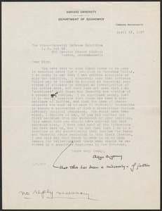 Allyn A. Young (Harvard University, Department of Economics) typed letter signed to Sacco-Vanzetti Defense Committee, Cambridge, Mass., April 22, 1927