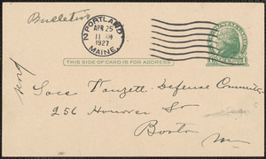 Frank Albano autograph note signed (postcard) to Sacco-Vanzetti Defense Committee, Bangor, Me., April 24, 1927