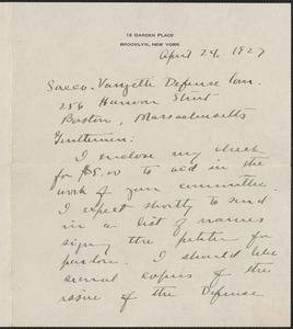 Kate M. Ward autograph letter signed to Sacco-Vanzetti Defense Committee, Brooklyn, N.Y., April 24, 1927