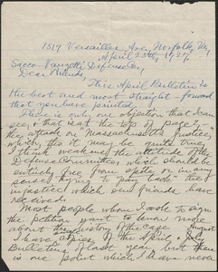 [Sarah Root Adams] autograph letter (incomplete) to Sacco-Vanzetti Defense Committee, Norfolk, Va., April 25, 1927