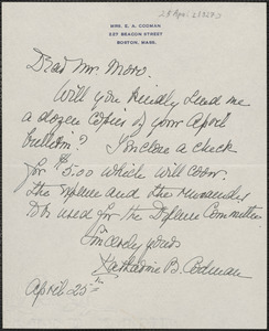 Katherine B. Codman autograph note signed to Joseph Moro, Boston, Mass., April 25, [1927]
