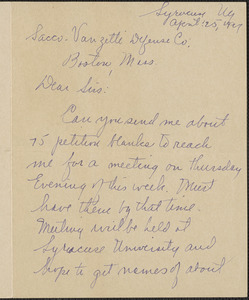 David [Dwofsley?] autograph letter signed to Sacco-Vanzetti Defense Committee, Syracuse, N.Y., April 25, 1927