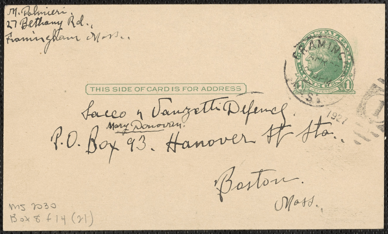 Michael Palmieri autograph letter signed (postcard) to Mary Donovan, Framingham. Mass., April 25, 1927